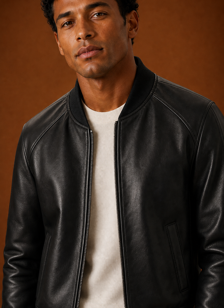 Close-up of jacket zipper and collar detailing
