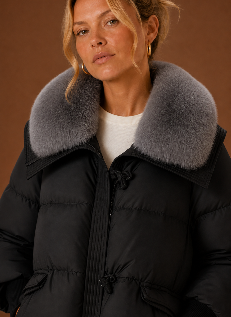 Close-up of the Areleon women's parka coat showing stitching and fabric texture