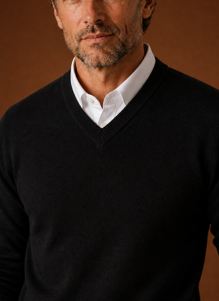 Close-up of V-neck and knit texture on men's sweater