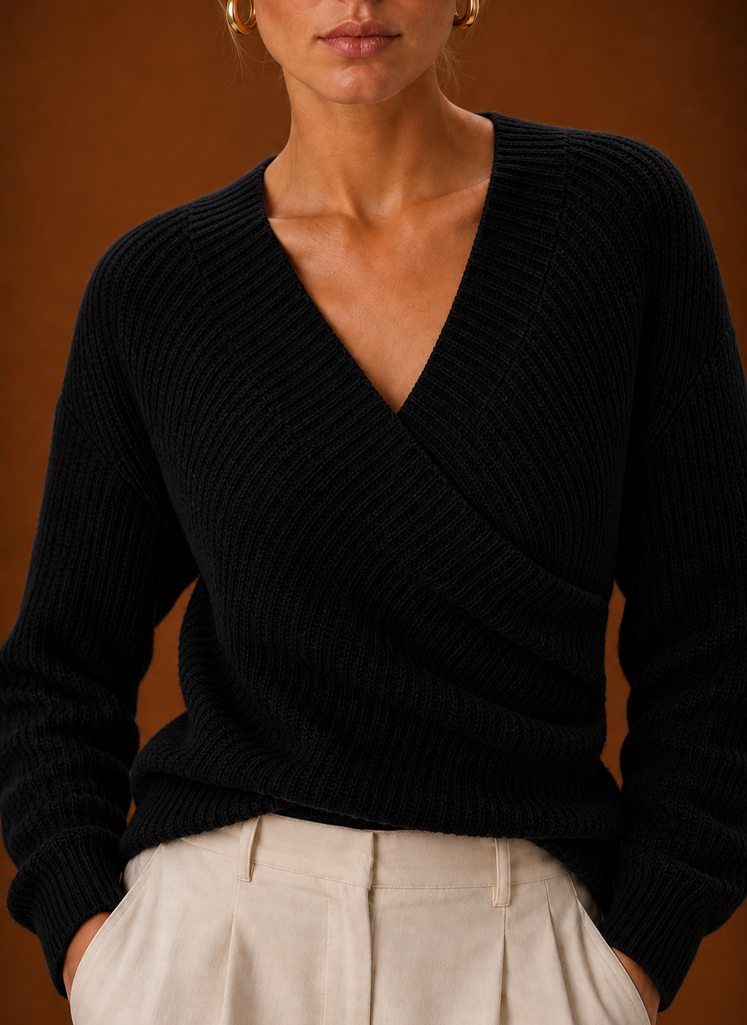 Close-up of ribbed knit texture and ruched side stitching on the sweater
