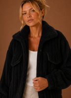 Close-up of the jacket's textured teddy-style exterior and stitched details