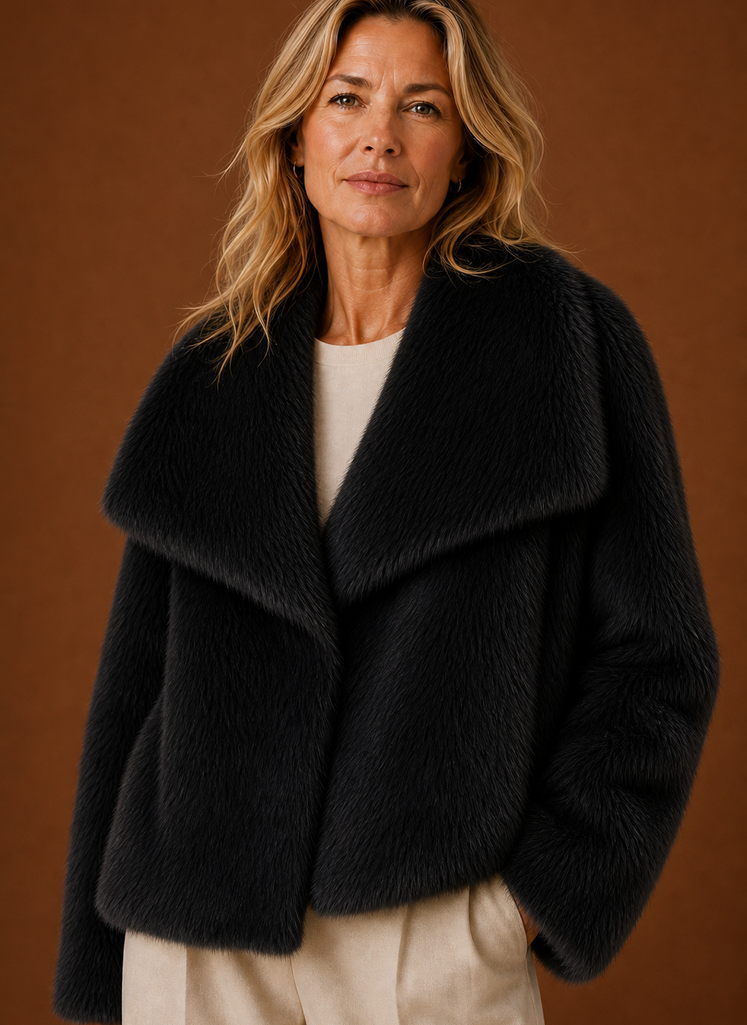 Close-up of coat's plush textured finish and soft pile
