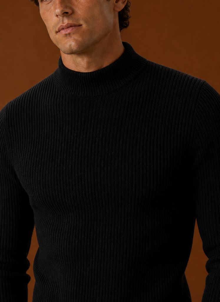 Men's Turtleneck Sweater - Ribbed Roll Neck Knit Pullover closeup view