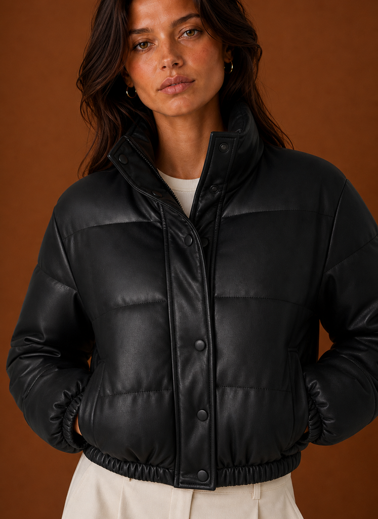 Close-up of the jacket's front zipper and seam detailing