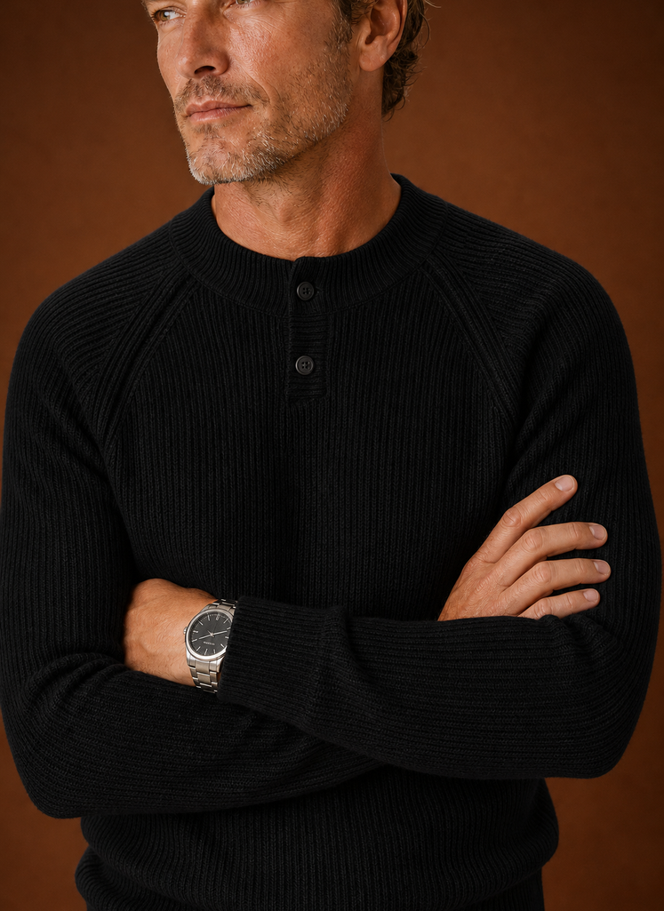 Close-up of henley button placket and ribbed knit texture