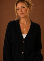 Close-up of button-front detail and V-neckline on the women's knit cardigan