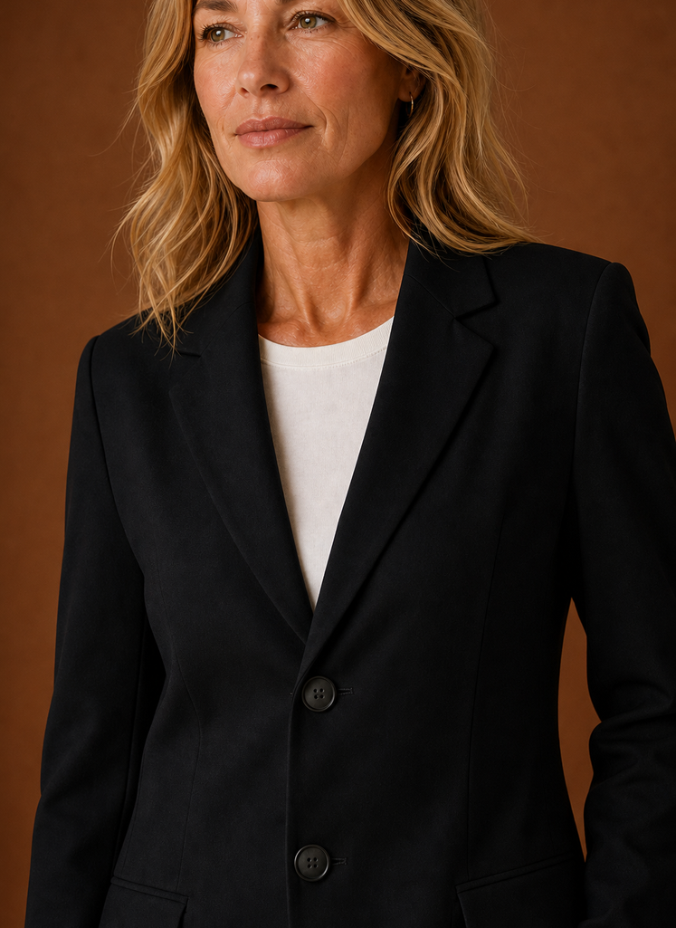 Close-up of blazer lapel and stitching detail