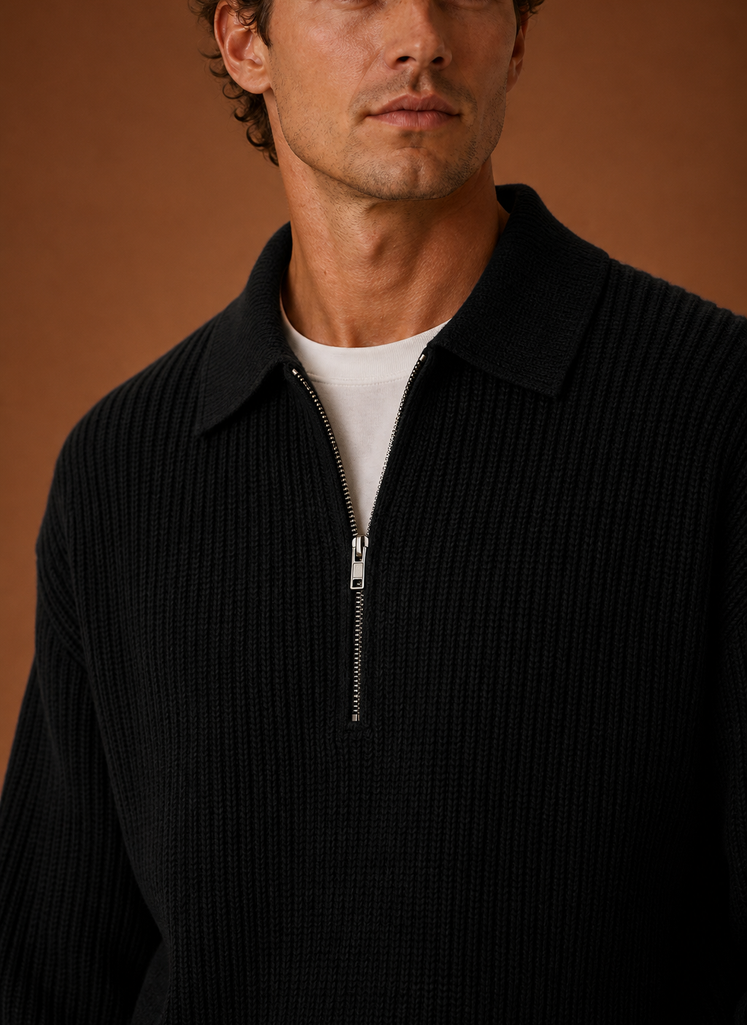 Close-up of the quarter-zip neckline and knit texture on the sweater
