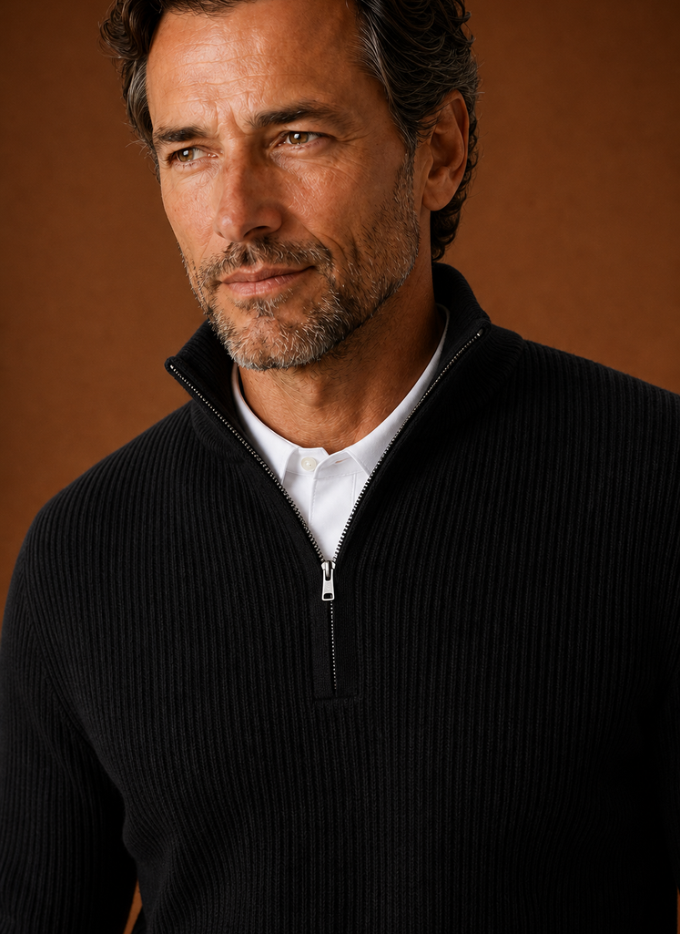 Close-up of ribbed knit texture and quarter-zip hardware at the high neckline