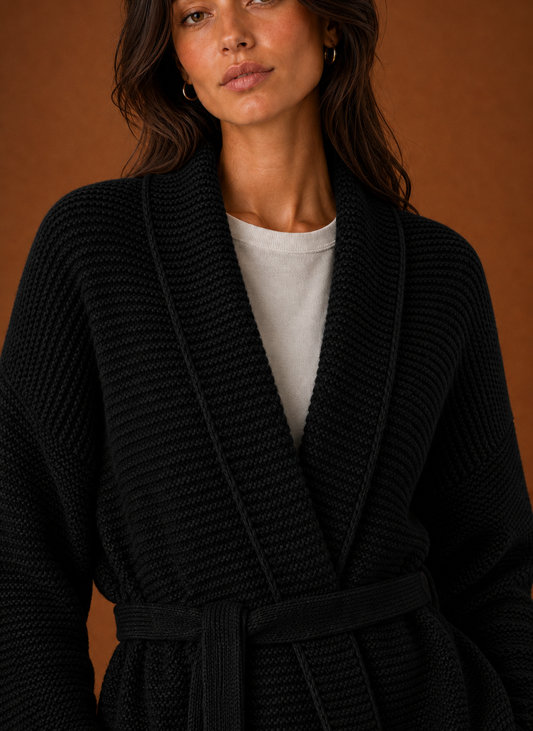 Close-up of chunky knit stitch and tied belt detail on wrap sweater
