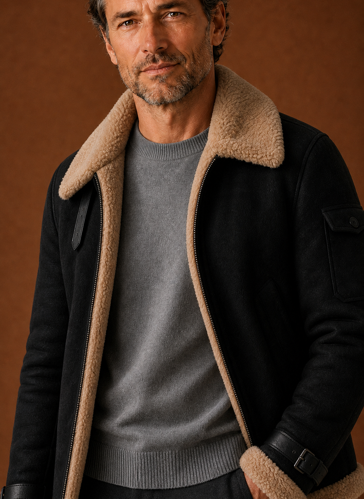 Men's Sherpa Lined Jacket - Faux Shearling Winter Coat closeup view