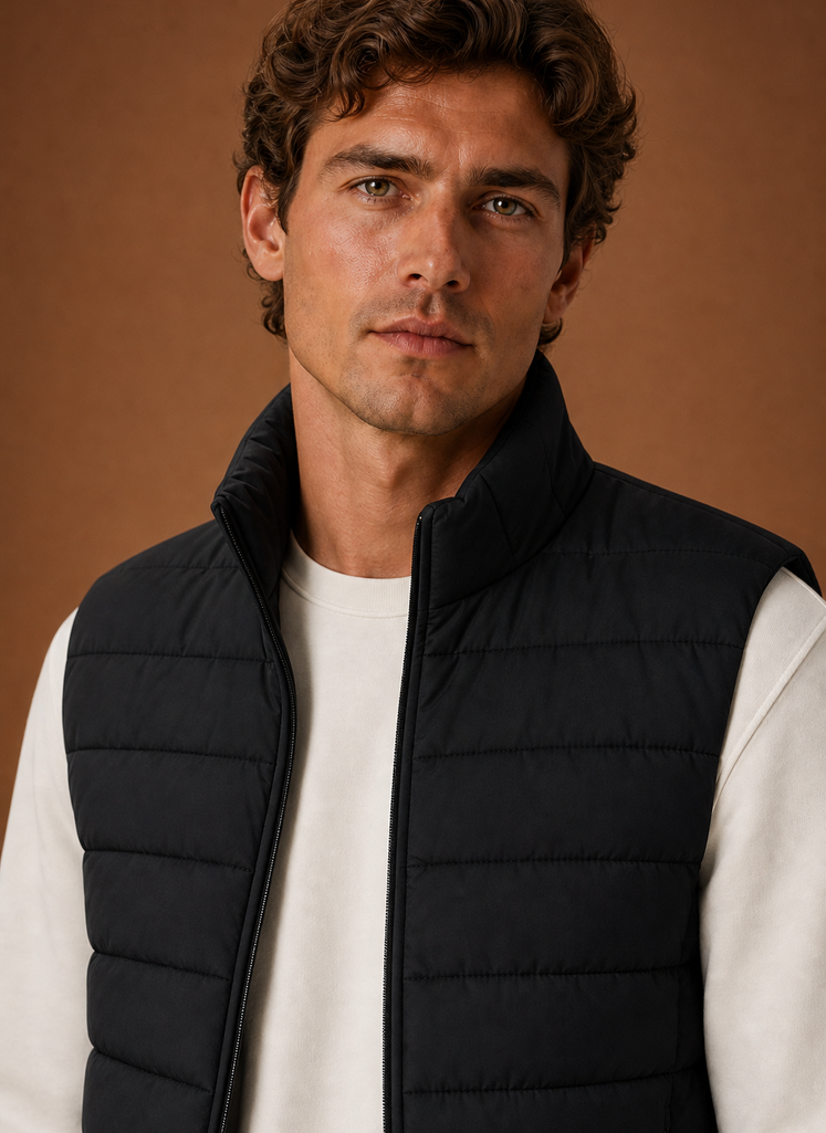 Close-up of the quilted stitching and texture on the men's lightweight puffer vest