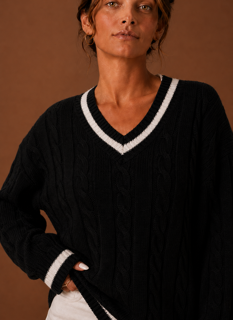 Close-up of cable knit texture and V-neck seam detail