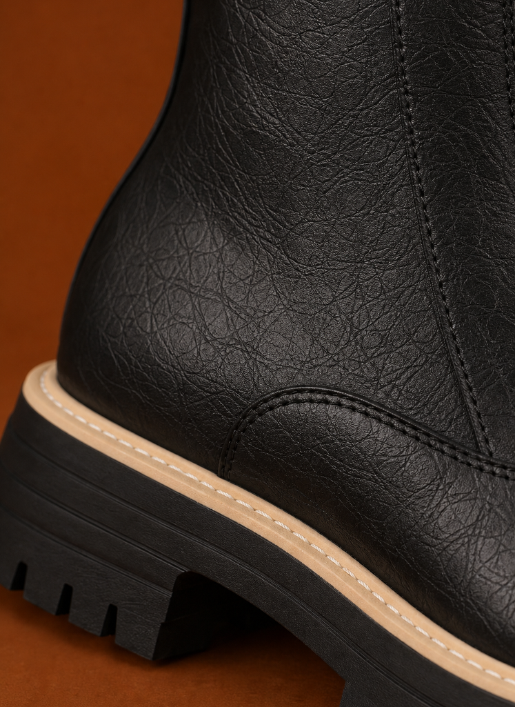 Close-up of the front zipper and stitching detail on the women's ankle boot