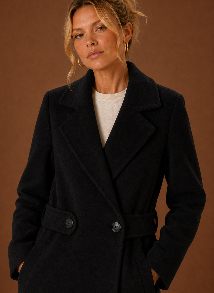 Close-up of the men's trench coat collar and front detailing
