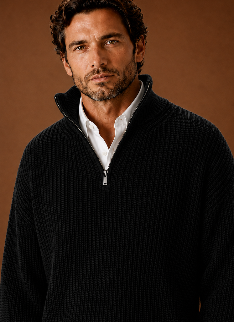 Close-up of chunky ribbed texture and half-zip neckline on Areleon pullover