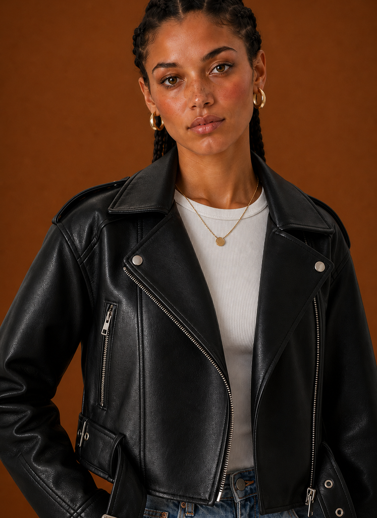 Close-up detail of the Areleon women's moto jacket showing refined stitching and finish
