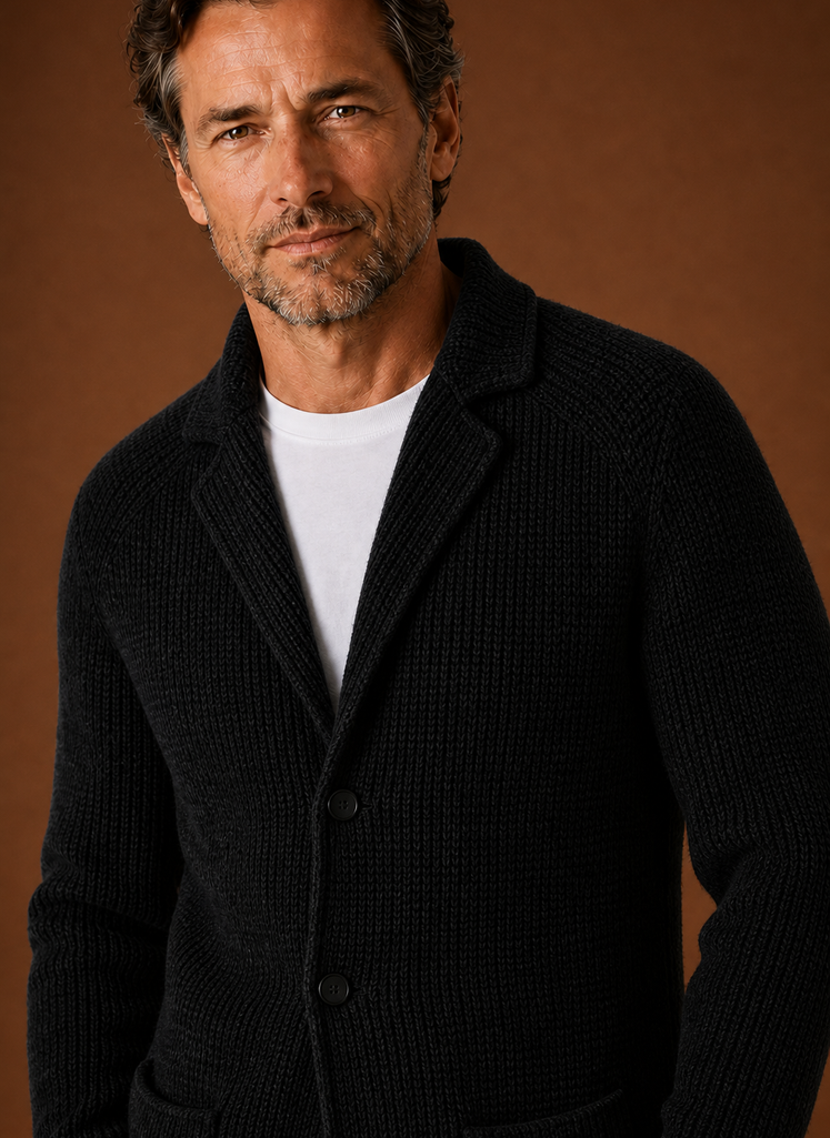 Close-up of button-front closure and blazer-style collar on men's knit cardigan jacket