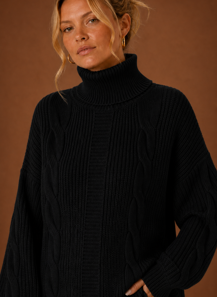 Close-up of the turtleneck and knit construction detailing on the sweater dress
