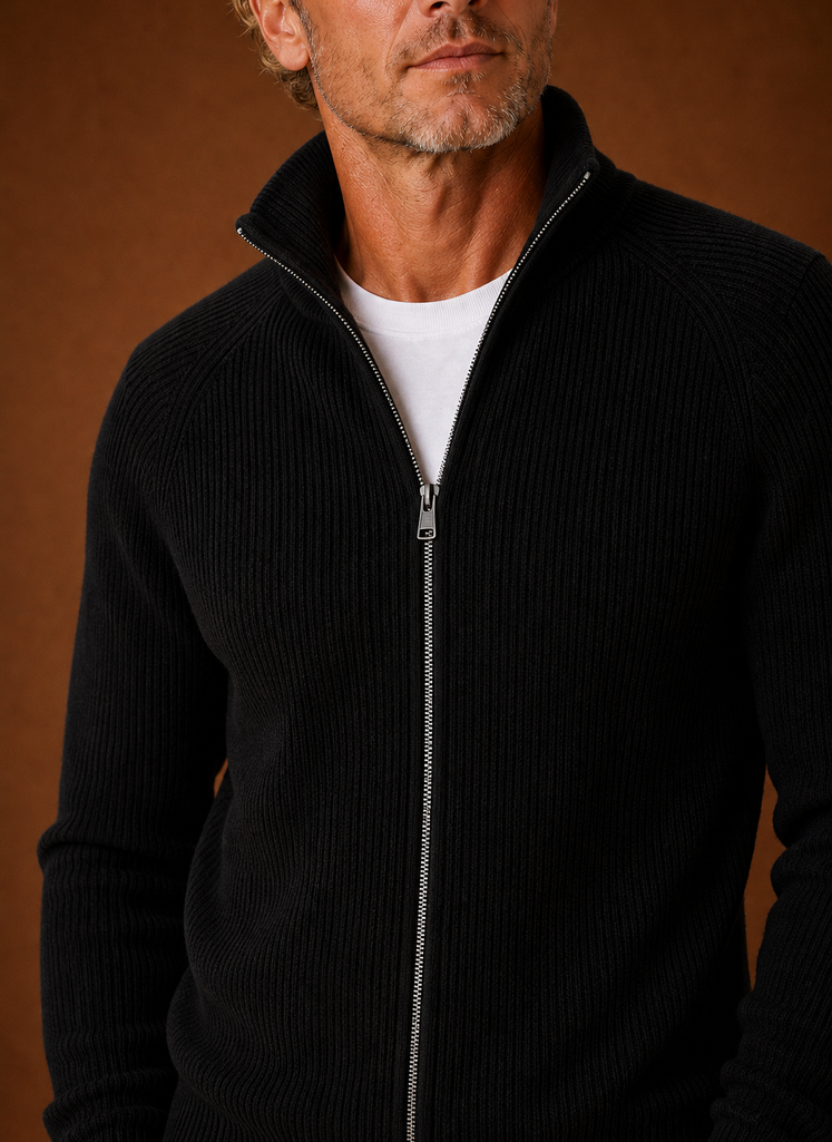 Close-up showing the ribbed knit texture and zipper on the Areleon cardigan