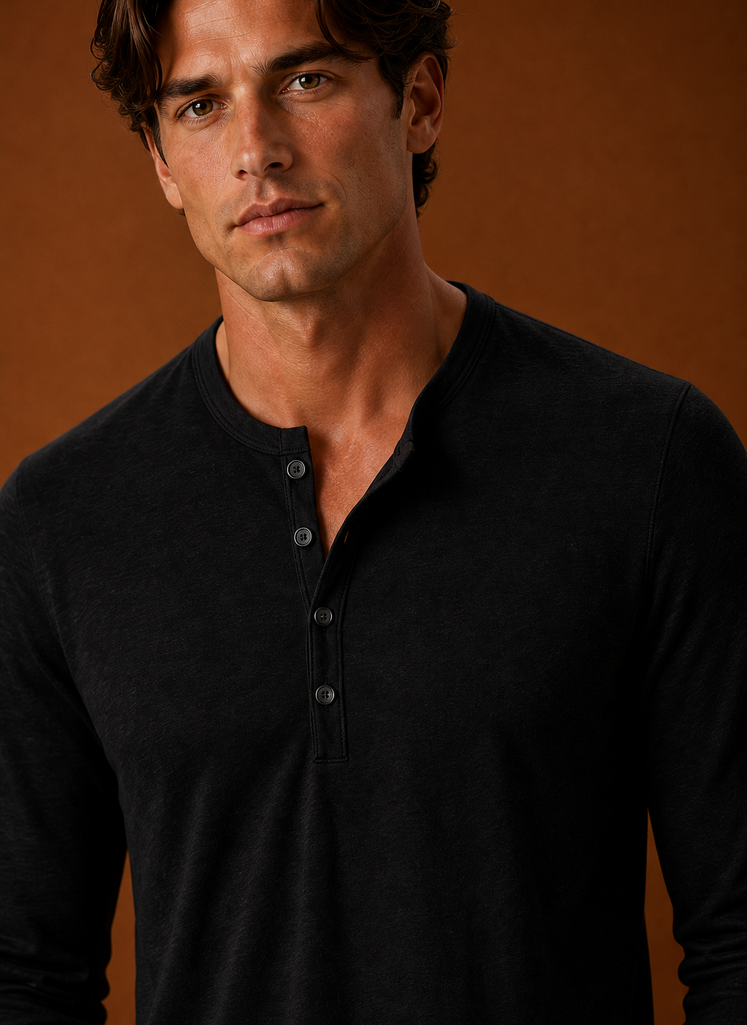 Close-up of the Henley shirt's button placket and neckline detailing