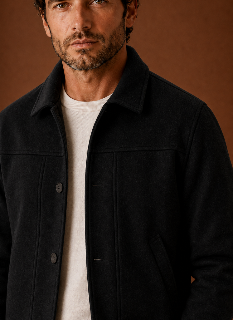 Close-up of button-front closure and shirt-style collar on men's casual jacket