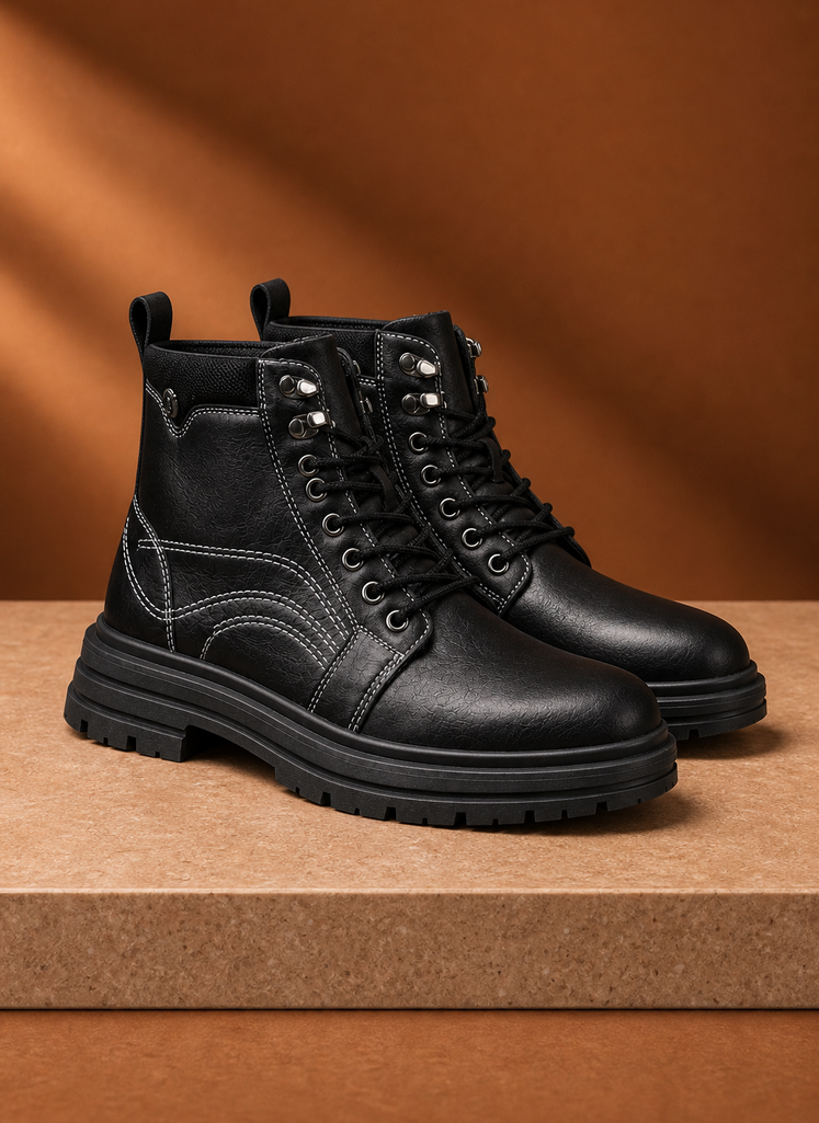 Close-up of lace-up eyelets and stitching detail on Areleon men's boot