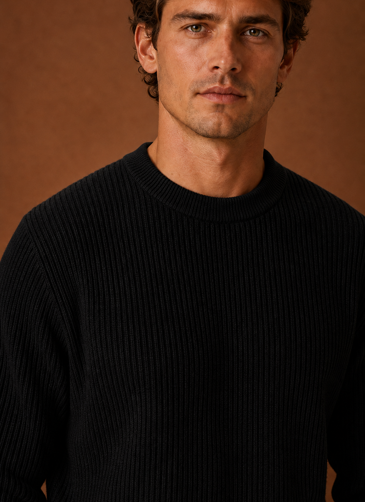 Close-up of ribbed knit texture and crew neckline detail