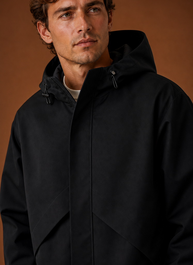 Close-up of the hood and fabric texture on a men's black windbreaker jacket