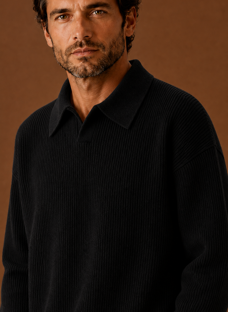 Men's Polo Sweater - Ribbed Knit Pullover closeup view