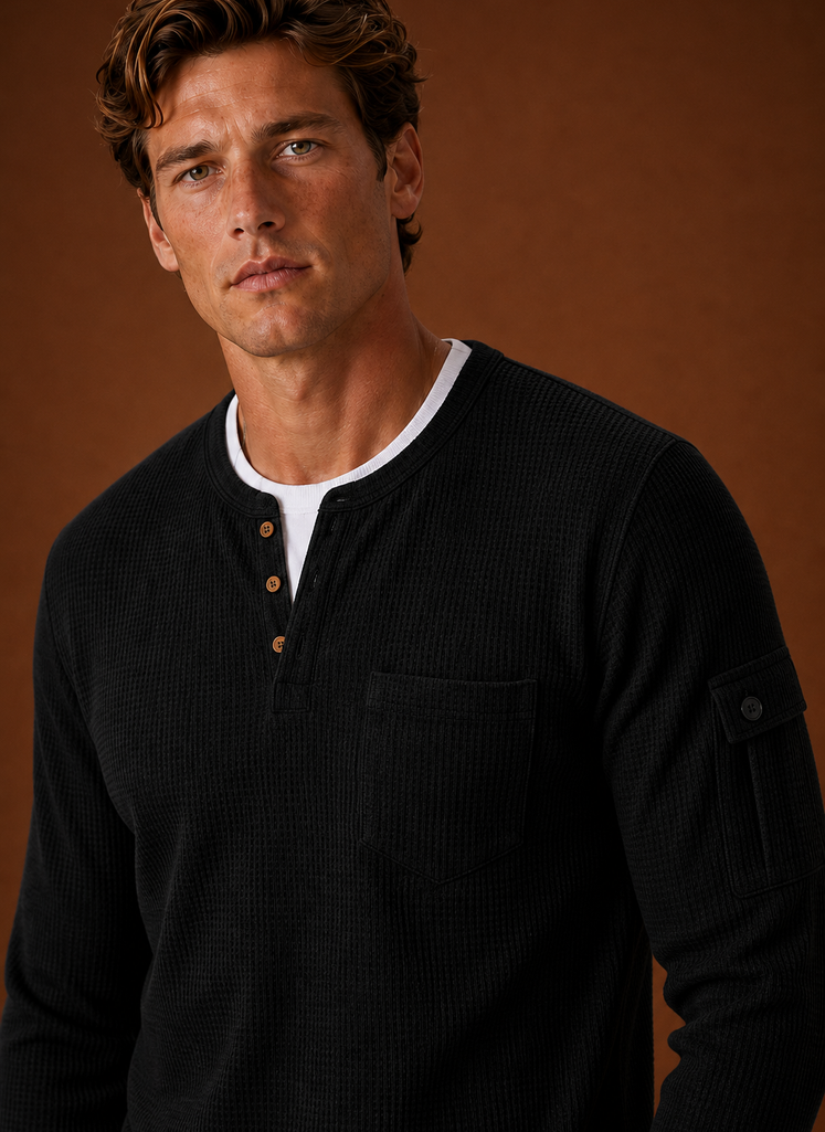 Close-up of the Henley shirt's button-placket and neckline detailing