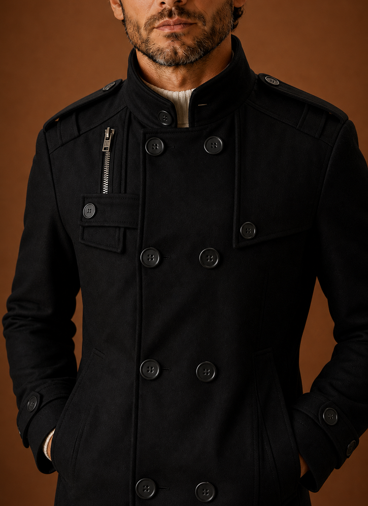 Close-up of overcoat button-front closure and stitching details