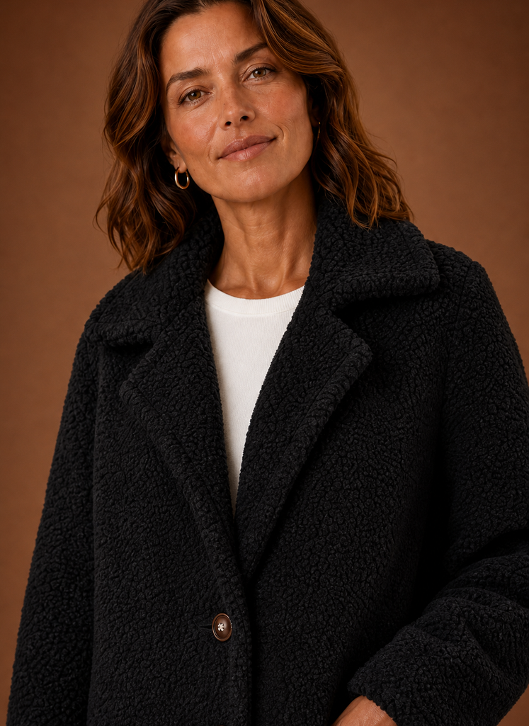 Close-up of the teddy coat texture and buttoned double-breasted front