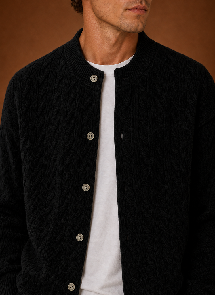 Close-up of cable knit pattern and button-front detail on the cardigan