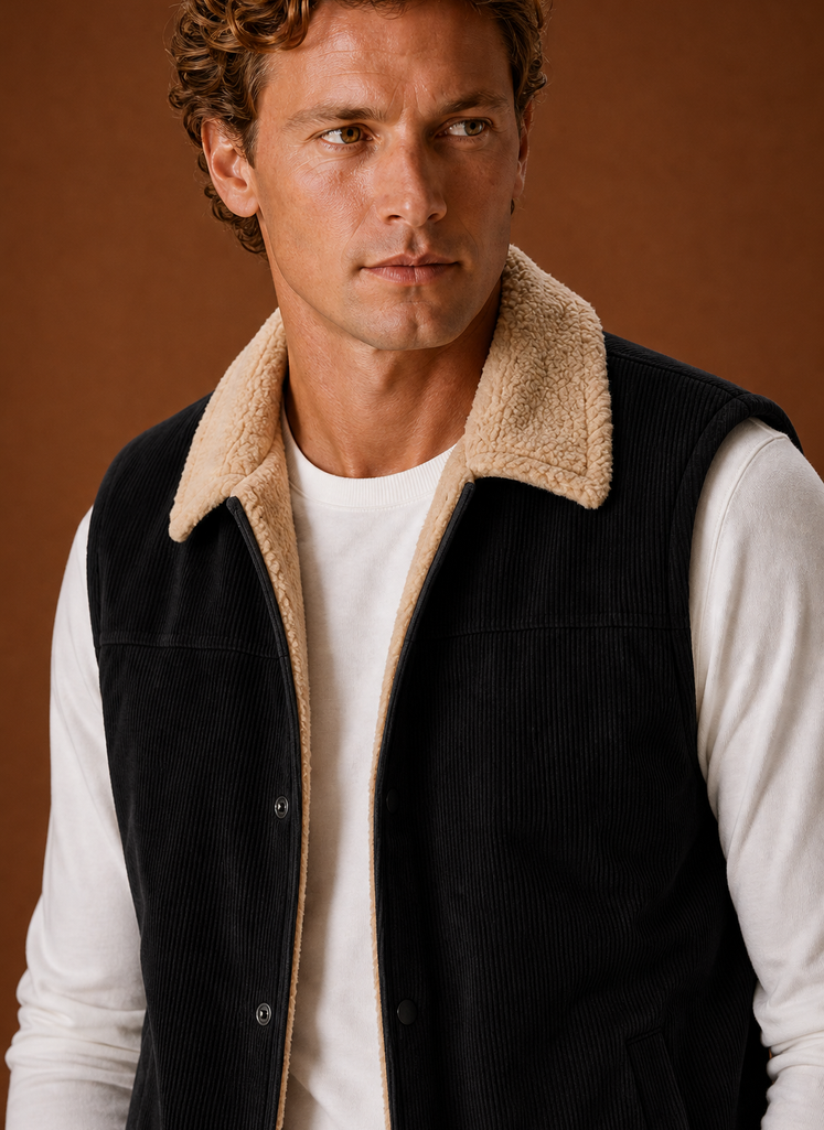 Close-up of sherpa lining and corduroy texture with visible stitching and pocket detail
