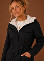 Close-up of fleece-lined interior and hood detailing on women's parka