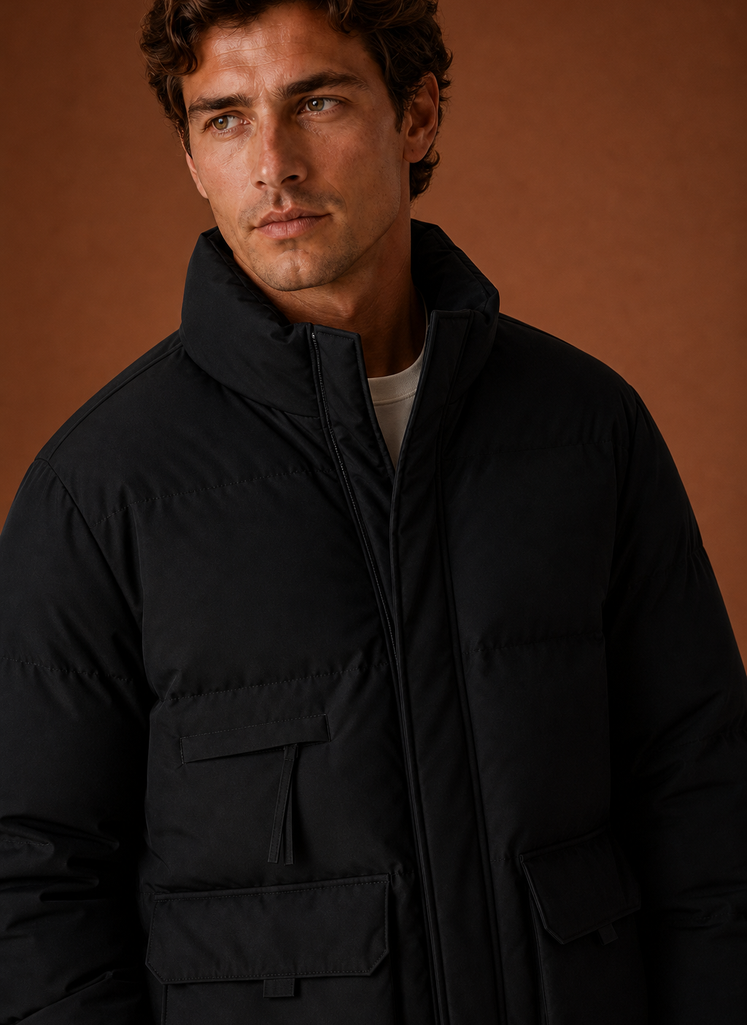 Close-up of the puffer jacket stitching and high-neck finish