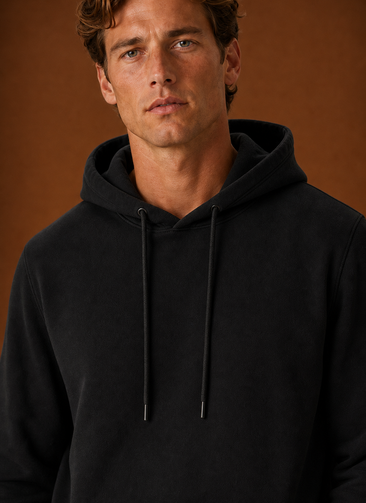 Close-up of the Areleon men's hoodie hood and stitching at the neckline