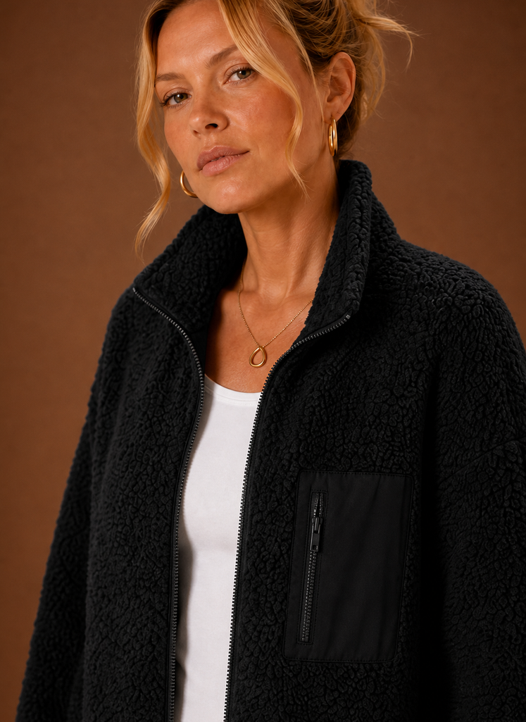Close-up of sherpa-style texture and zipper detail on the jacket