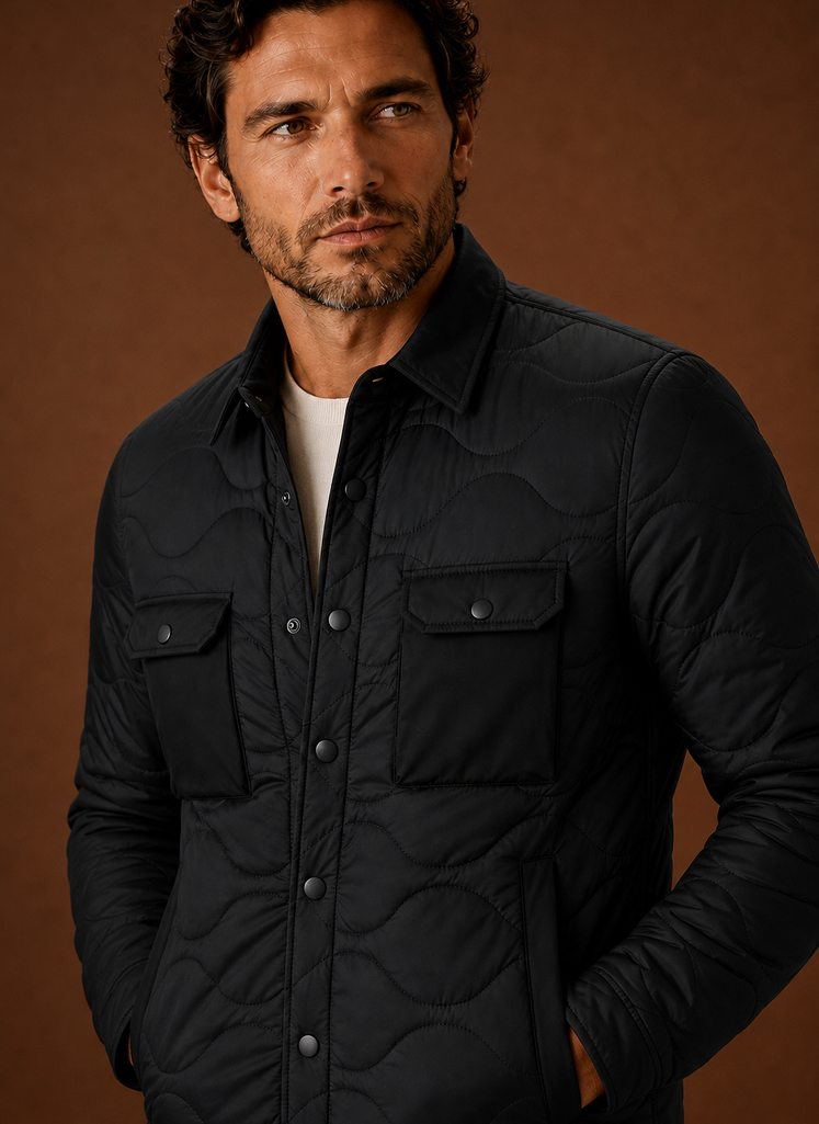 Close-up of quilting texture and stitching on men's black shirt jacket