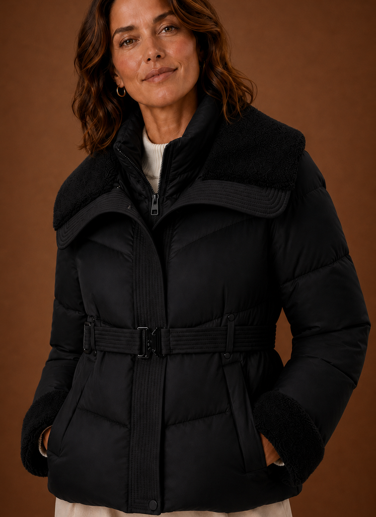 Close-up of the belt and stitching detail at the jacket's waist