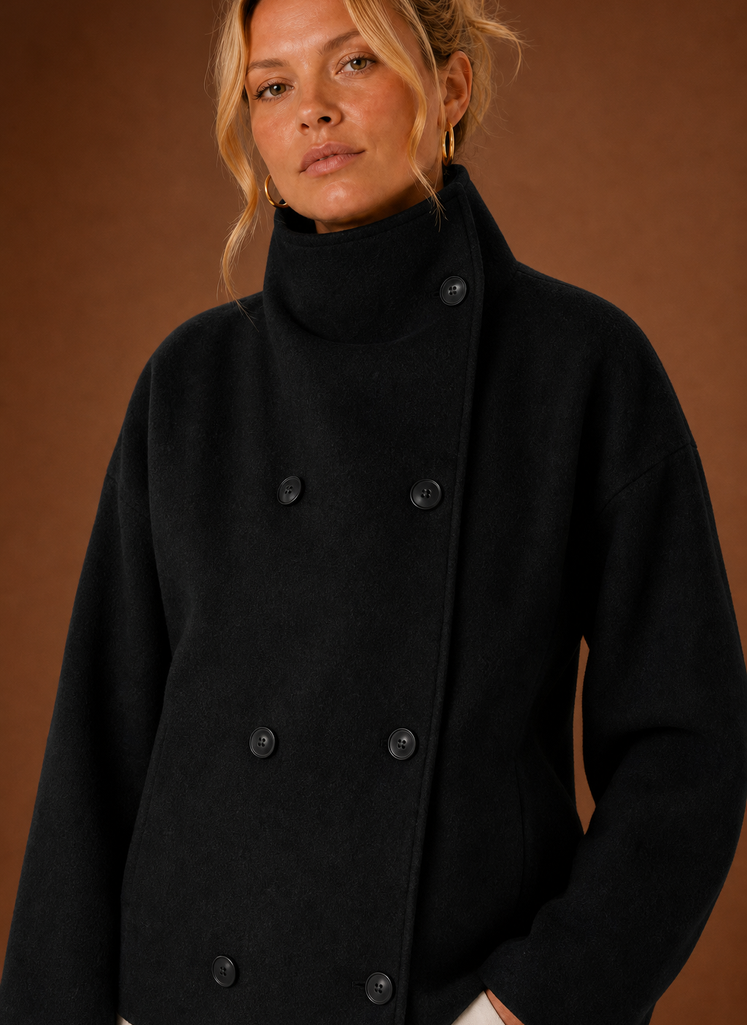 Close-up of the funnel neckline and clean detailing on the jacket