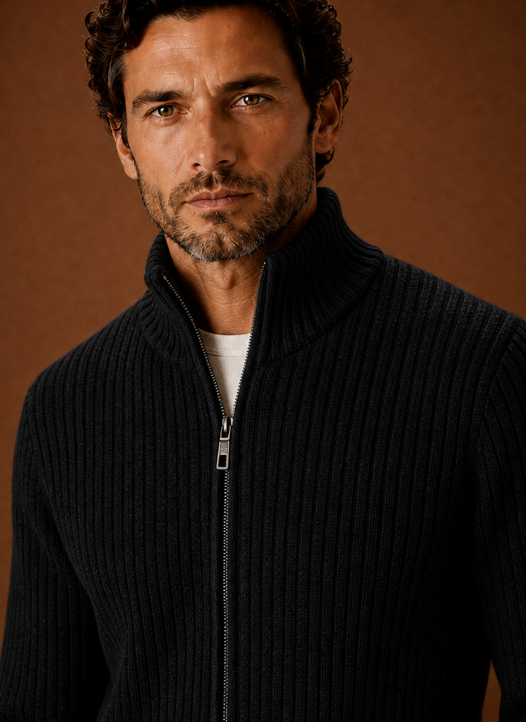 Close-up of ribbed knit texture and full-zip hardware on Areleon men's sweater