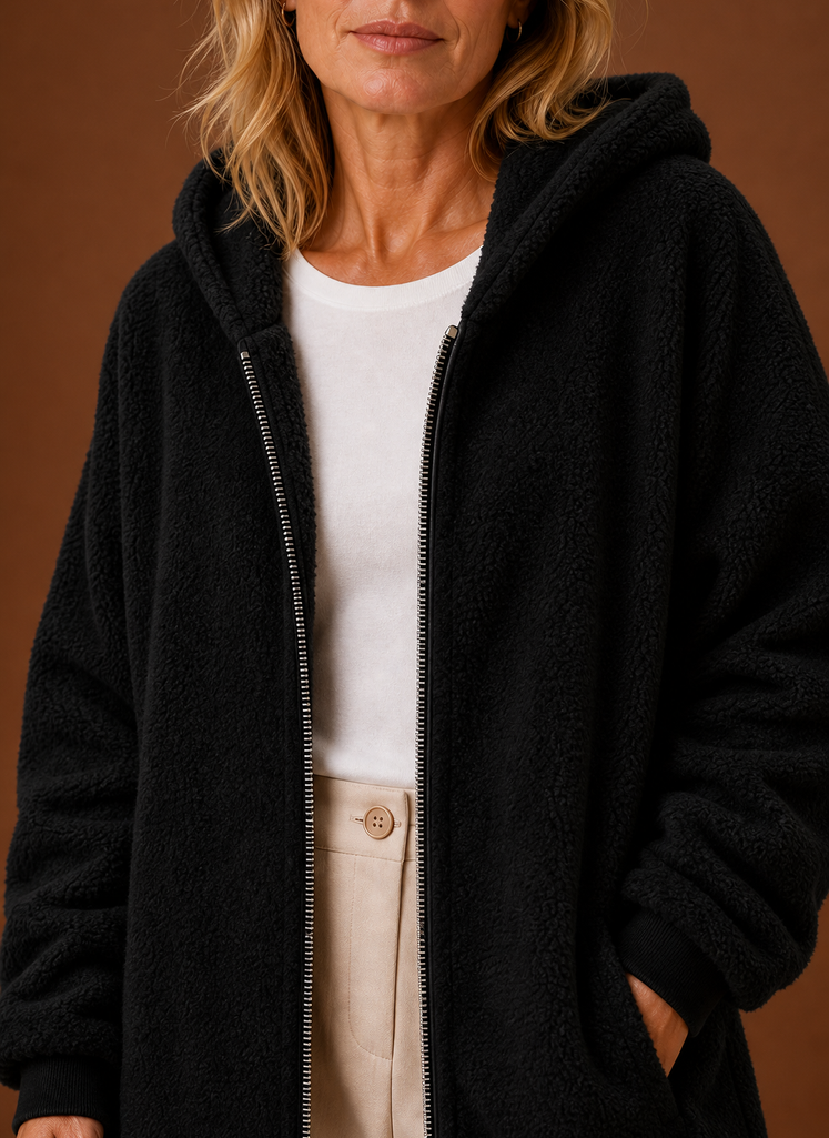 Women's Long Fleece Hooded Winter Jacket closeup view