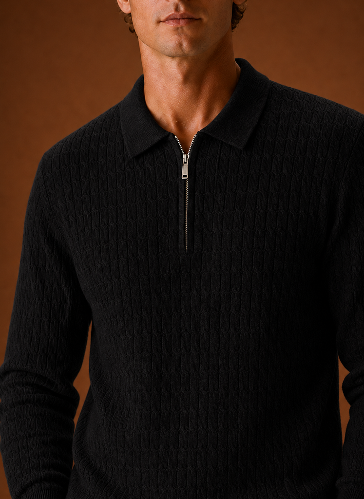 Close-up of chunky ribbed knit texture and half-zip hardware on the pullover