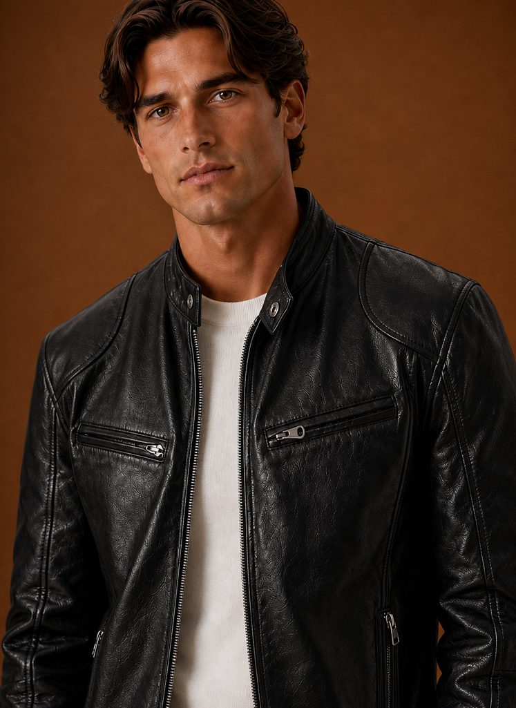 Close-up of jacket neckline and stitching detail