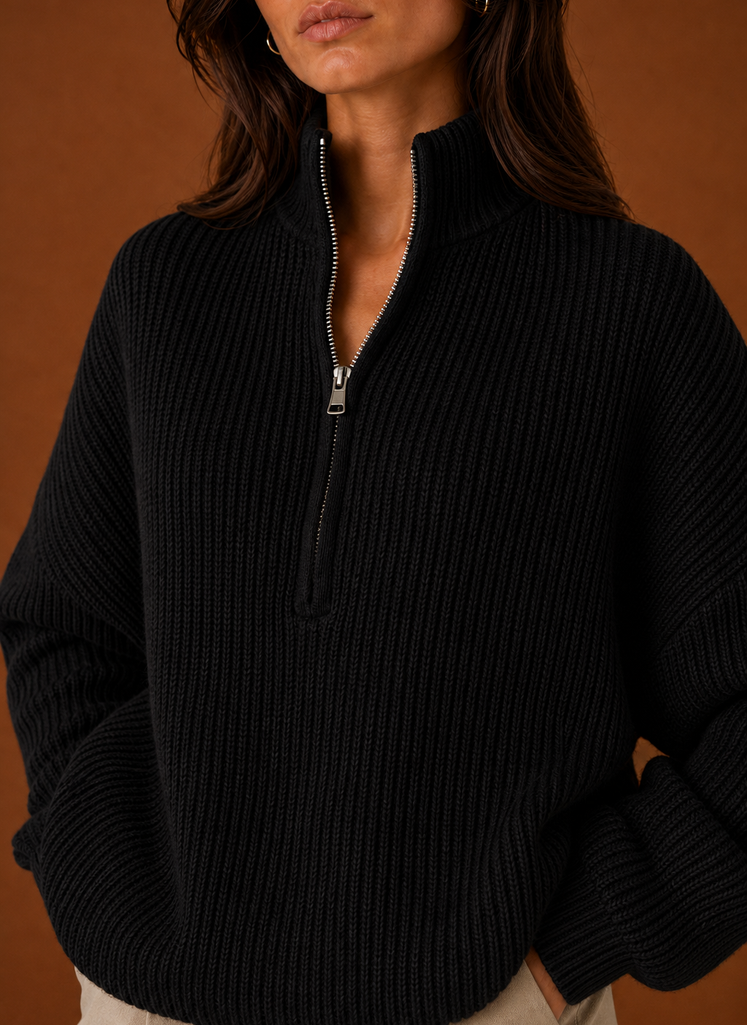 Close-up of the quarter-zip neckline and zipper pull on the women's sweater