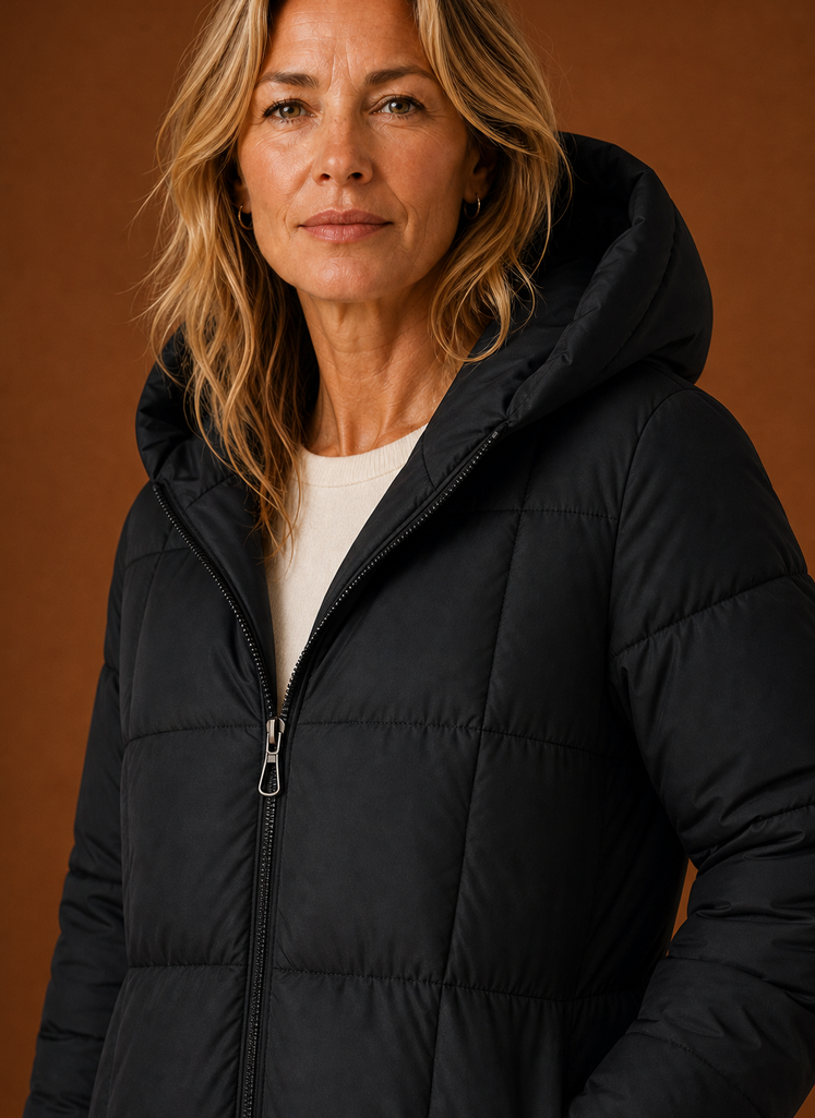 Close-up of quilting and hood detail on women's long puffer coat