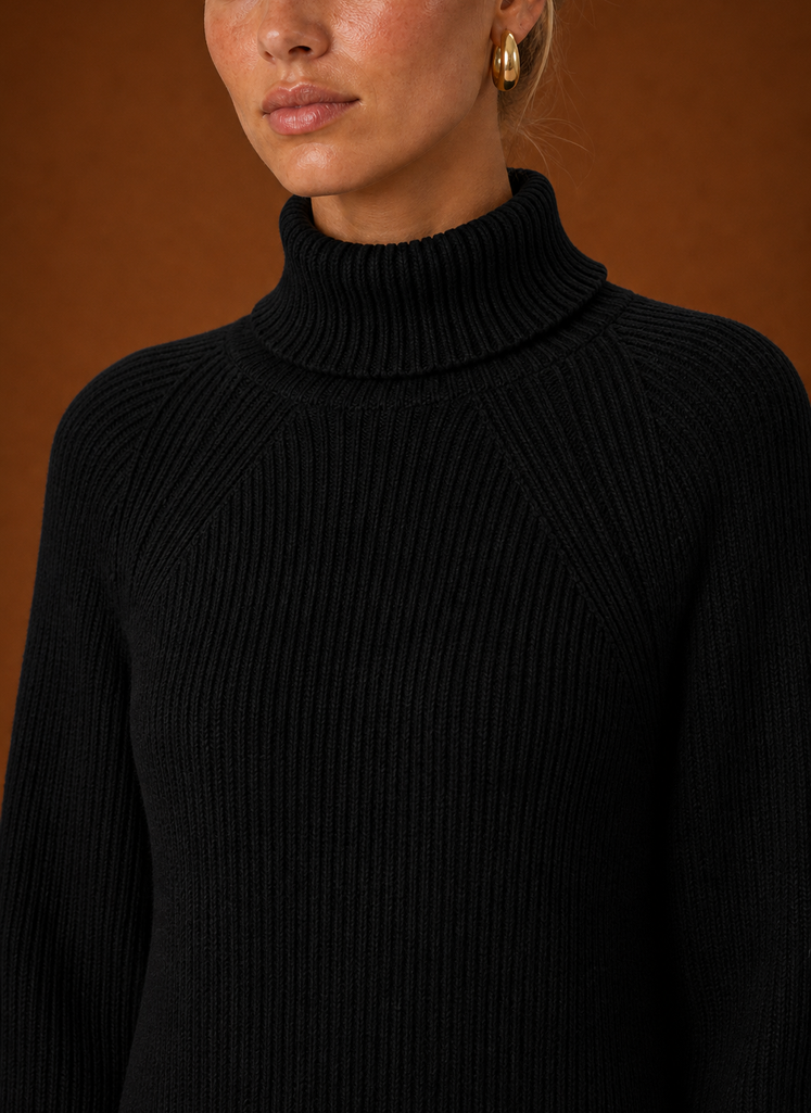 Close-up of ribbed knit texture and turtleneck neckline on the maxi dress