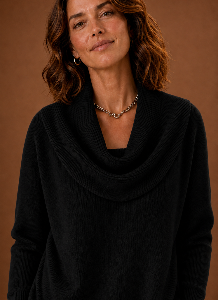 Close-up of the cowl neckline and knit texture of the Areleon women's sweater